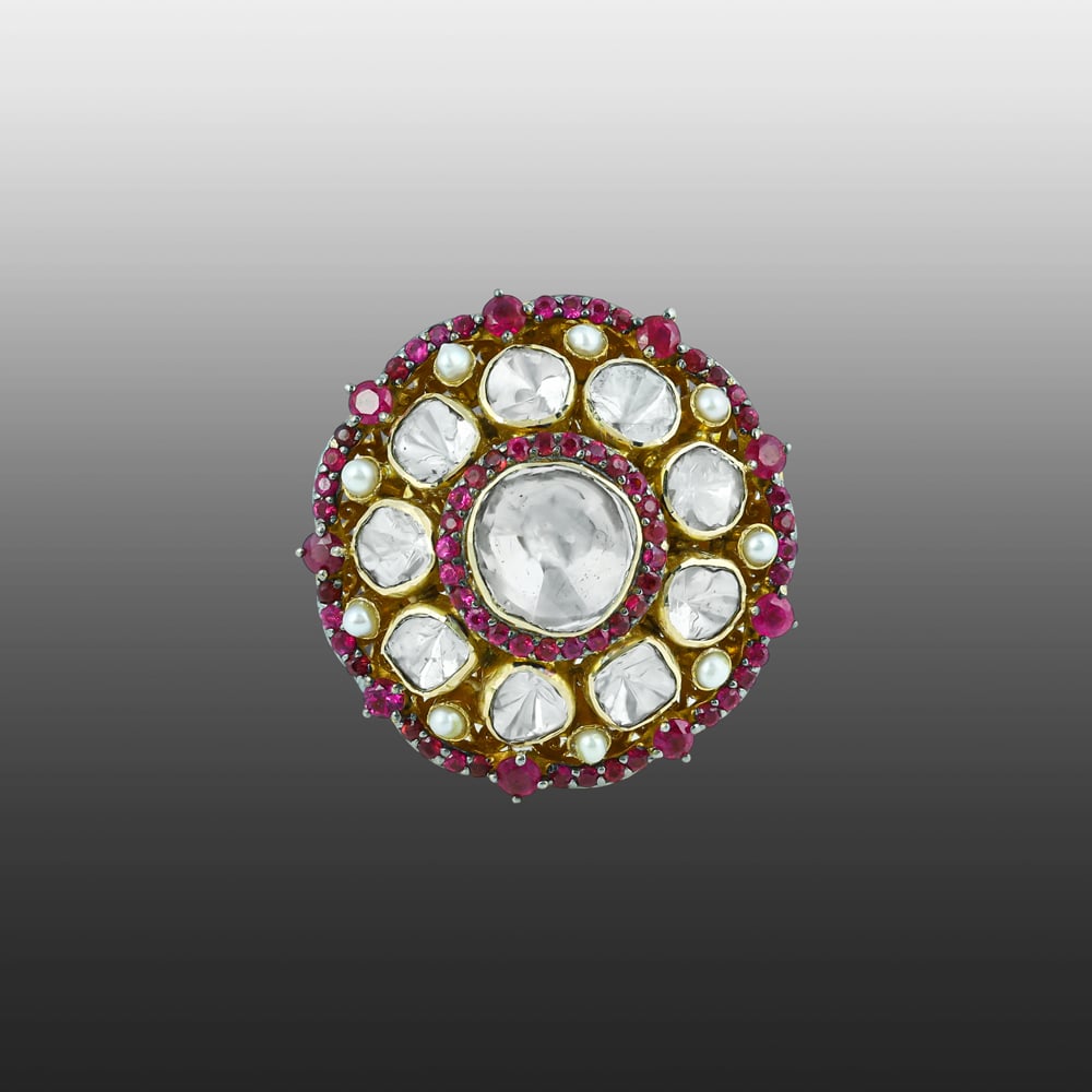 Polki Ring with Red Colourstone and Pearl Halo